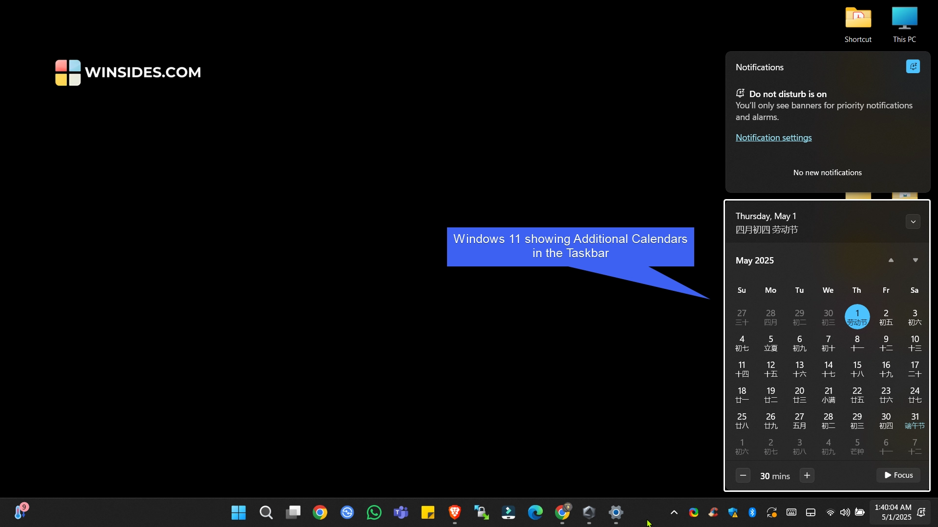 Windows 11 showing additional calendars in the taskbar Windows 11 showing additional calendars in the taskbar