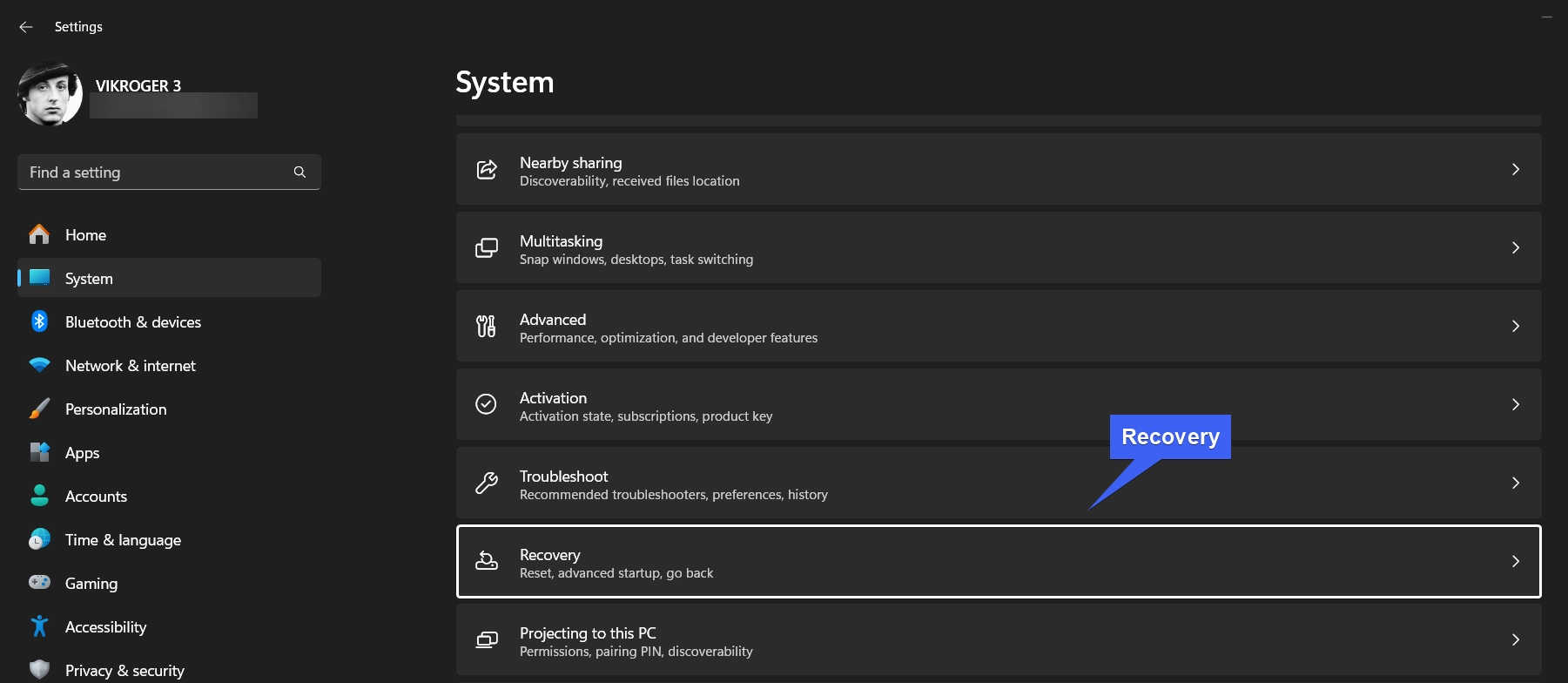 Click on Recovery Settings