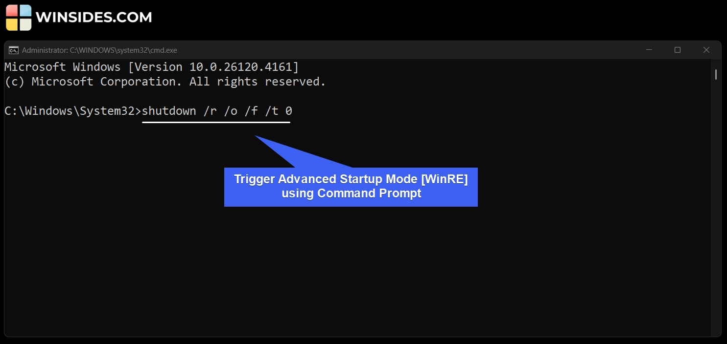 Open Advanced Startup WinRE Mode using Command Prompt