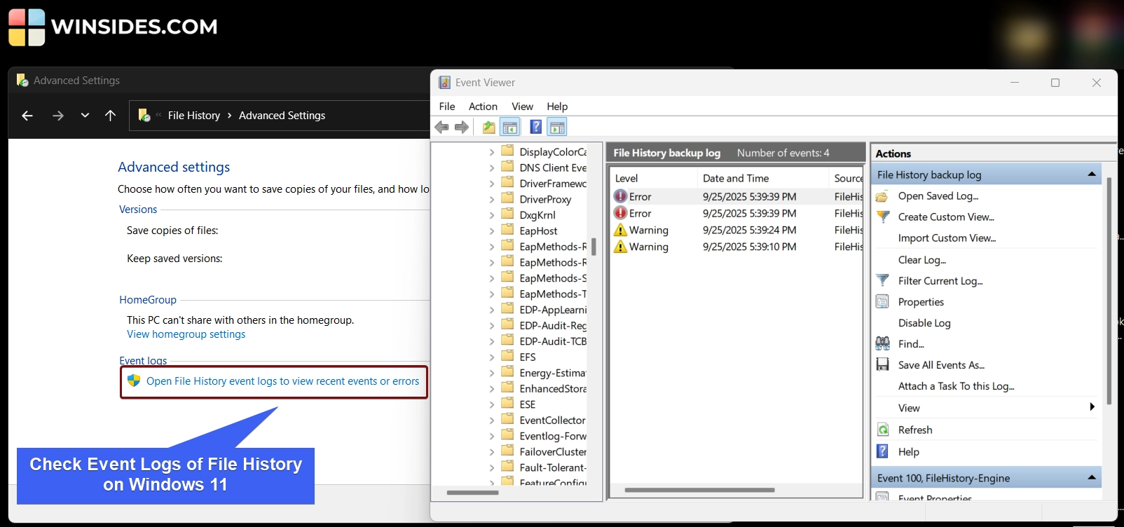 Check Event Logs on of File History on Windows 11