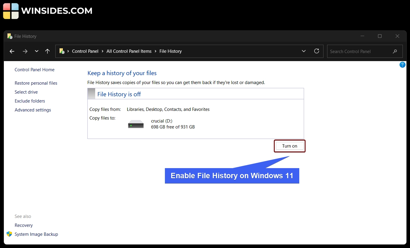 Enable File History on Windows 11