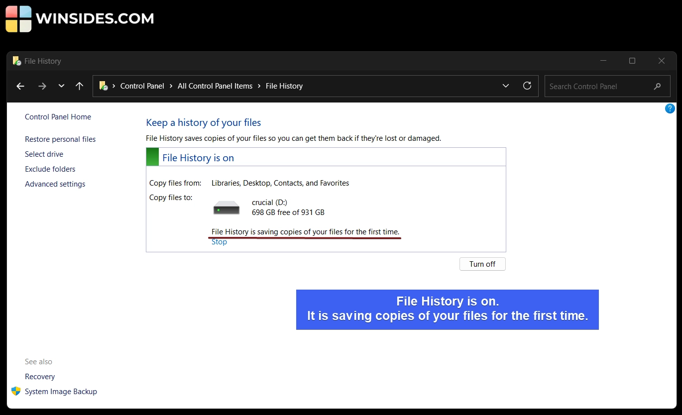 File History is turned on Windows 11