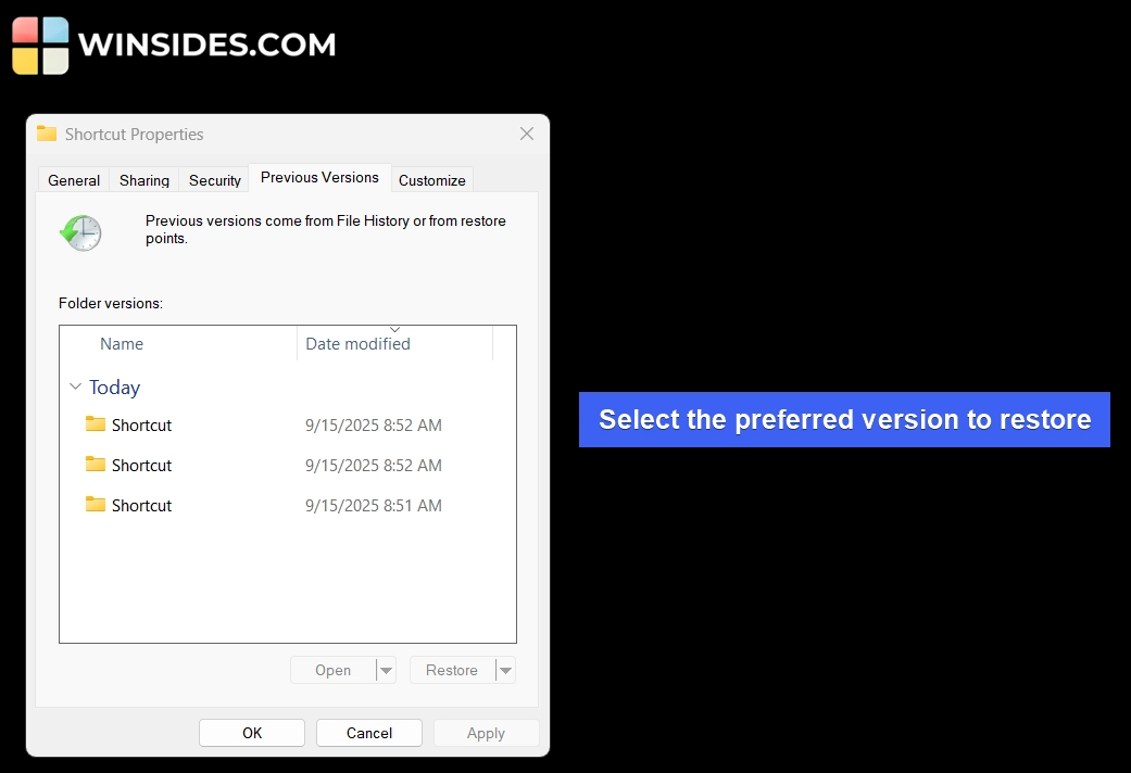 Restore using Previous Versions