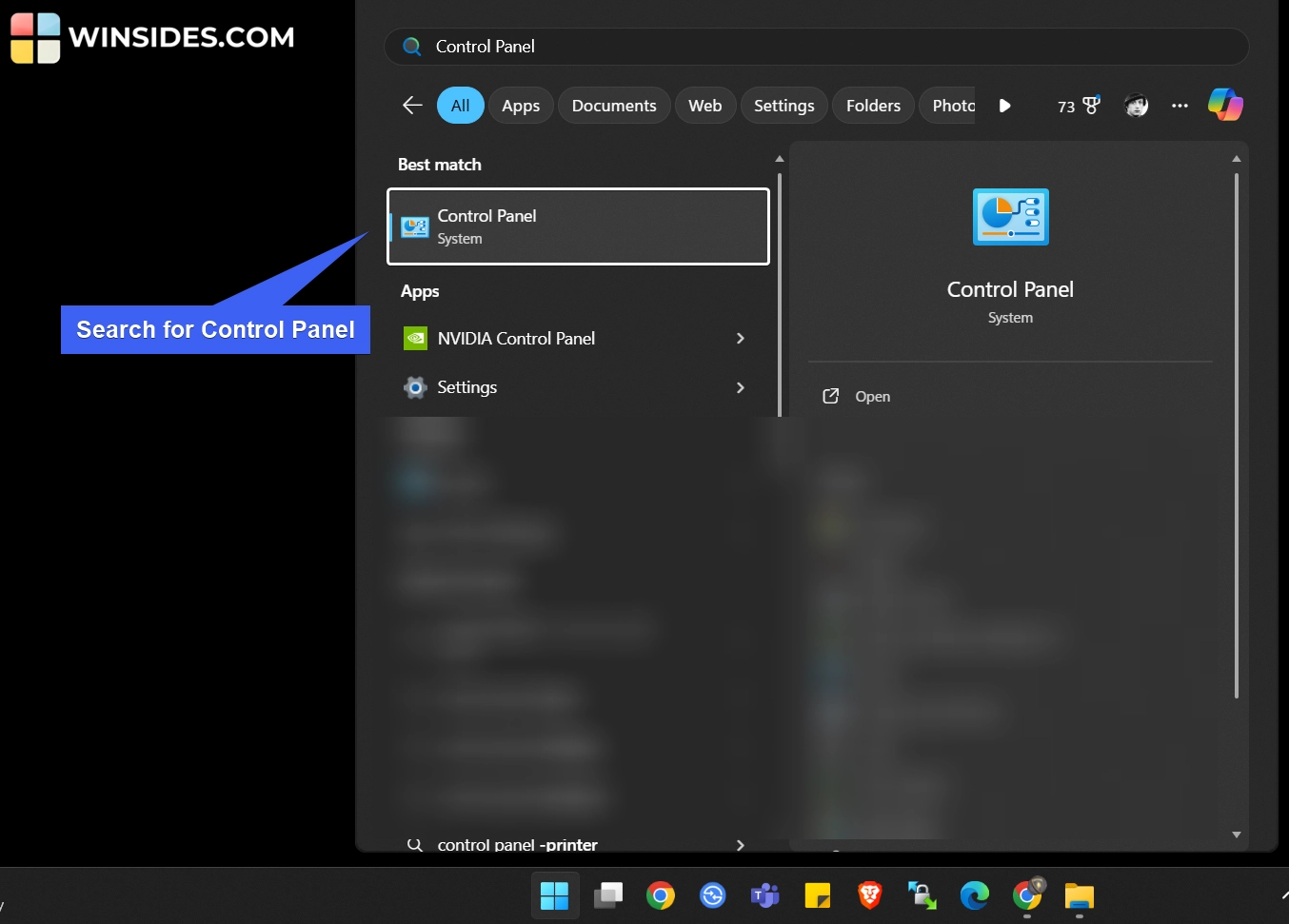 Search for Control Panel