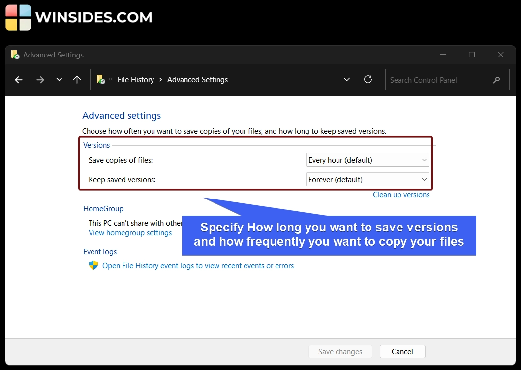 Specify Version and Save Duration for File History