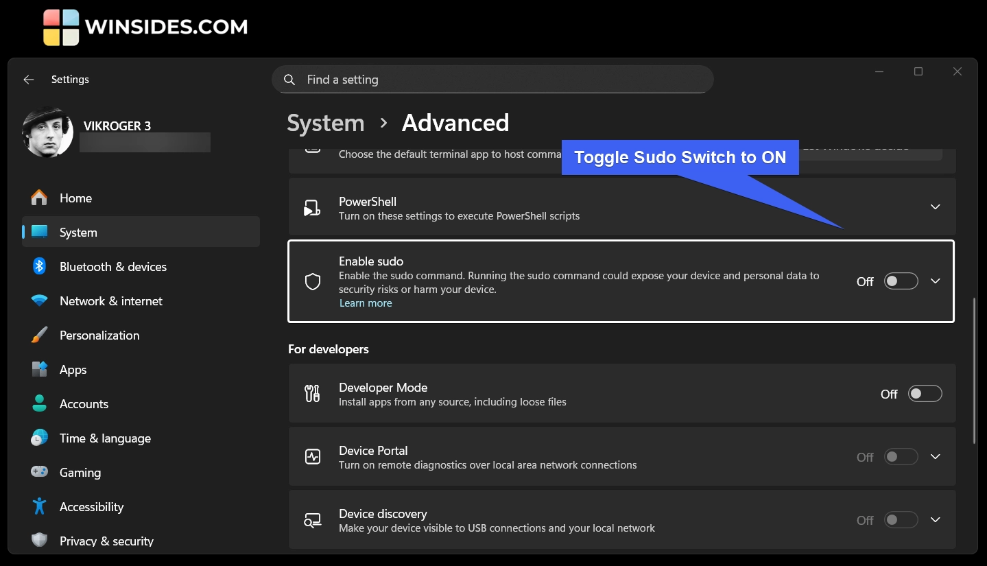 Toggle Sudo Switch to ON Toggle Sudo Switch to ON
