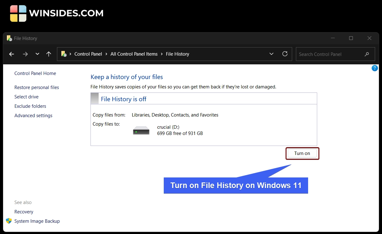 Turn on File History on Windows 11