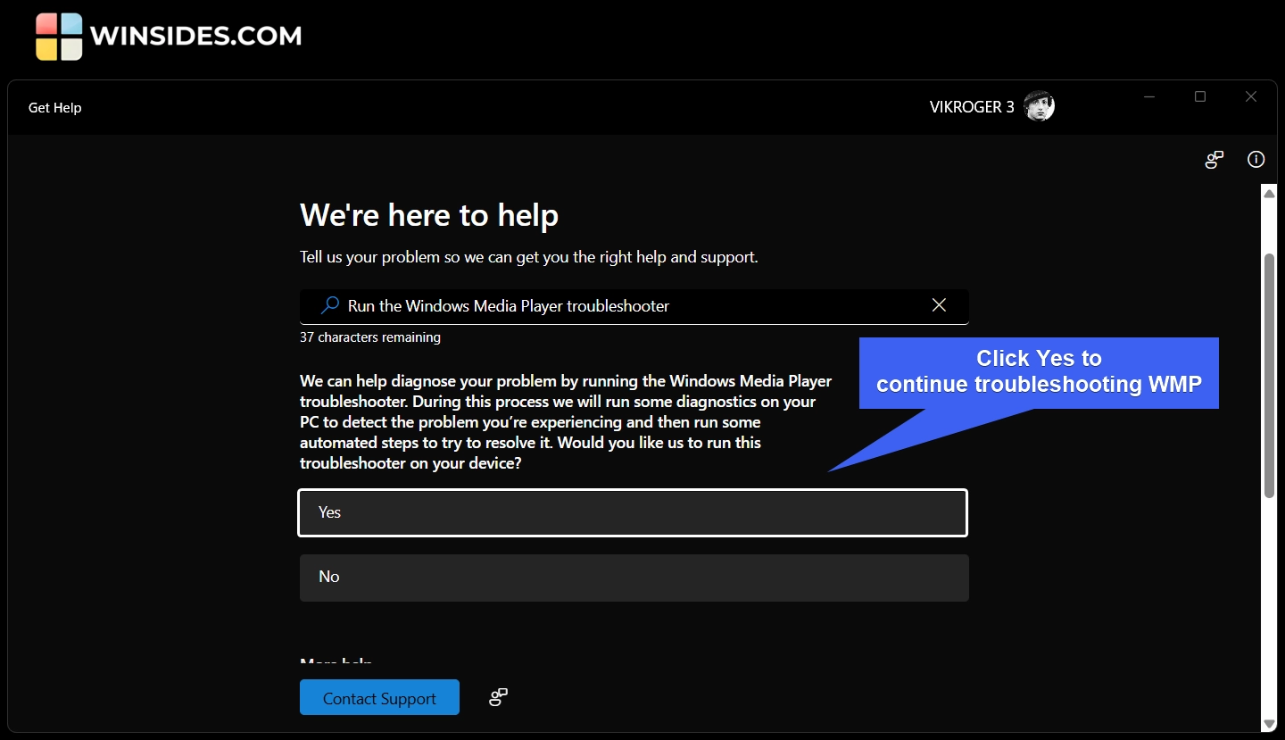 Click Yes to run WMP Troubleshooter