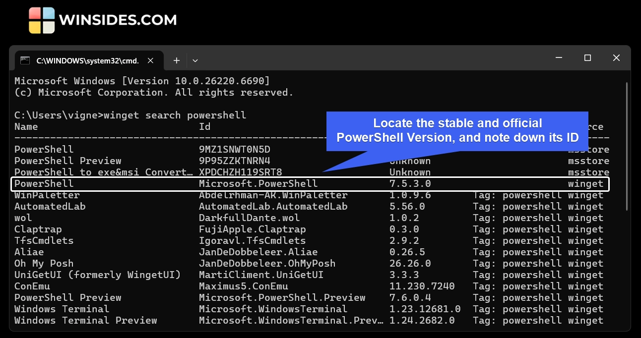 Locate official and stable PowerShell 7 and note down its ID