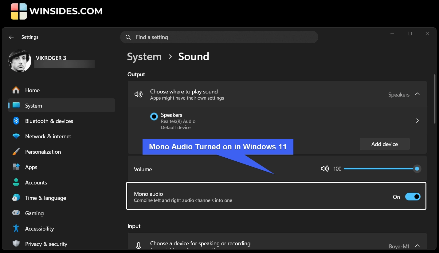 Mono Audio Turned on in Windows 11