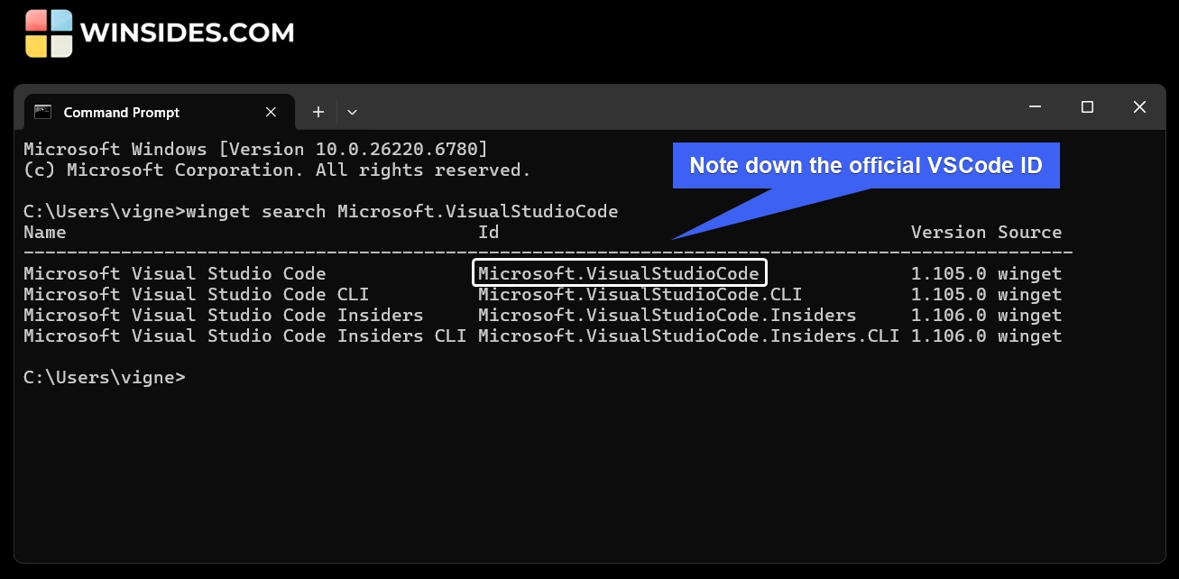 Note down the official VSCode ID