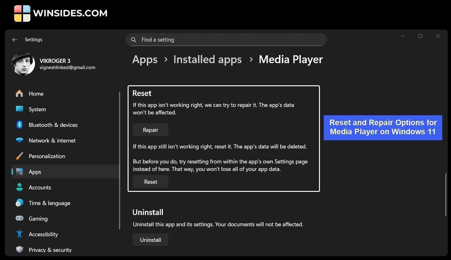 Reset and Repair options for Media Player on Windows 11