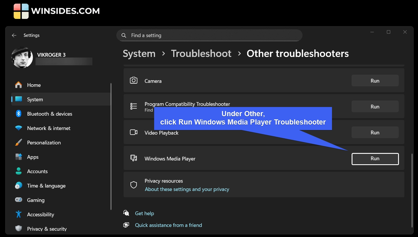 Run Windows Media Player Troubleshooter