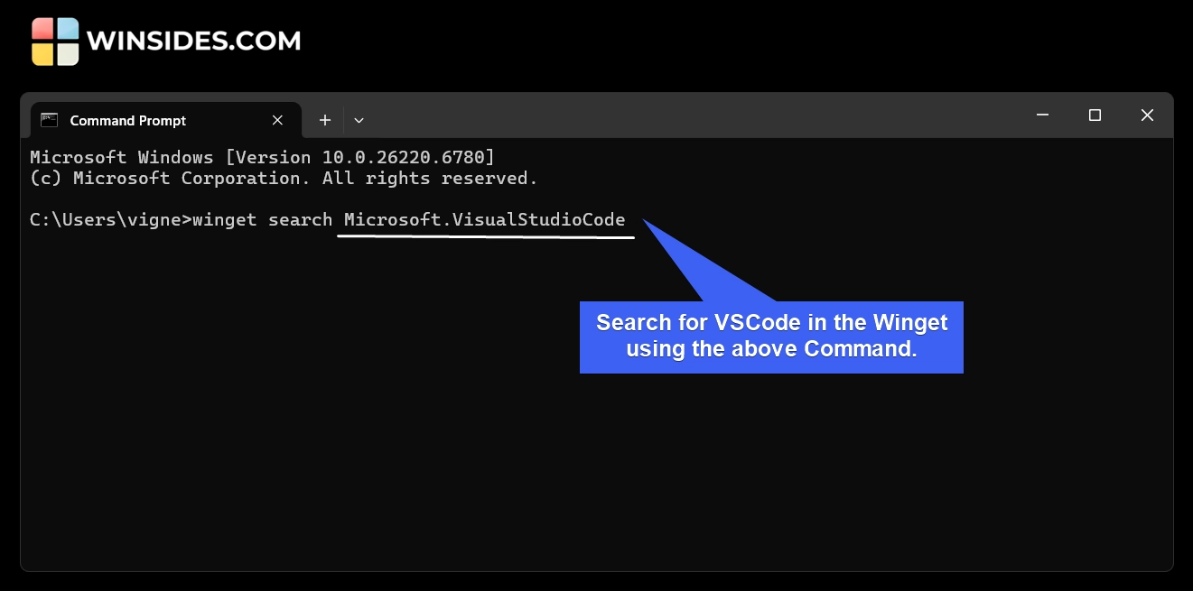 Search for VSCode using Winget Command