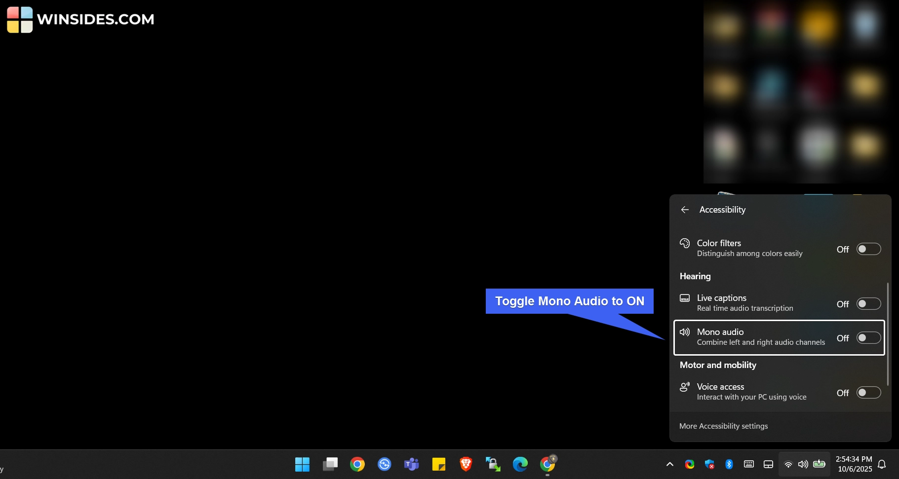 Toggle Mono Audio to ON