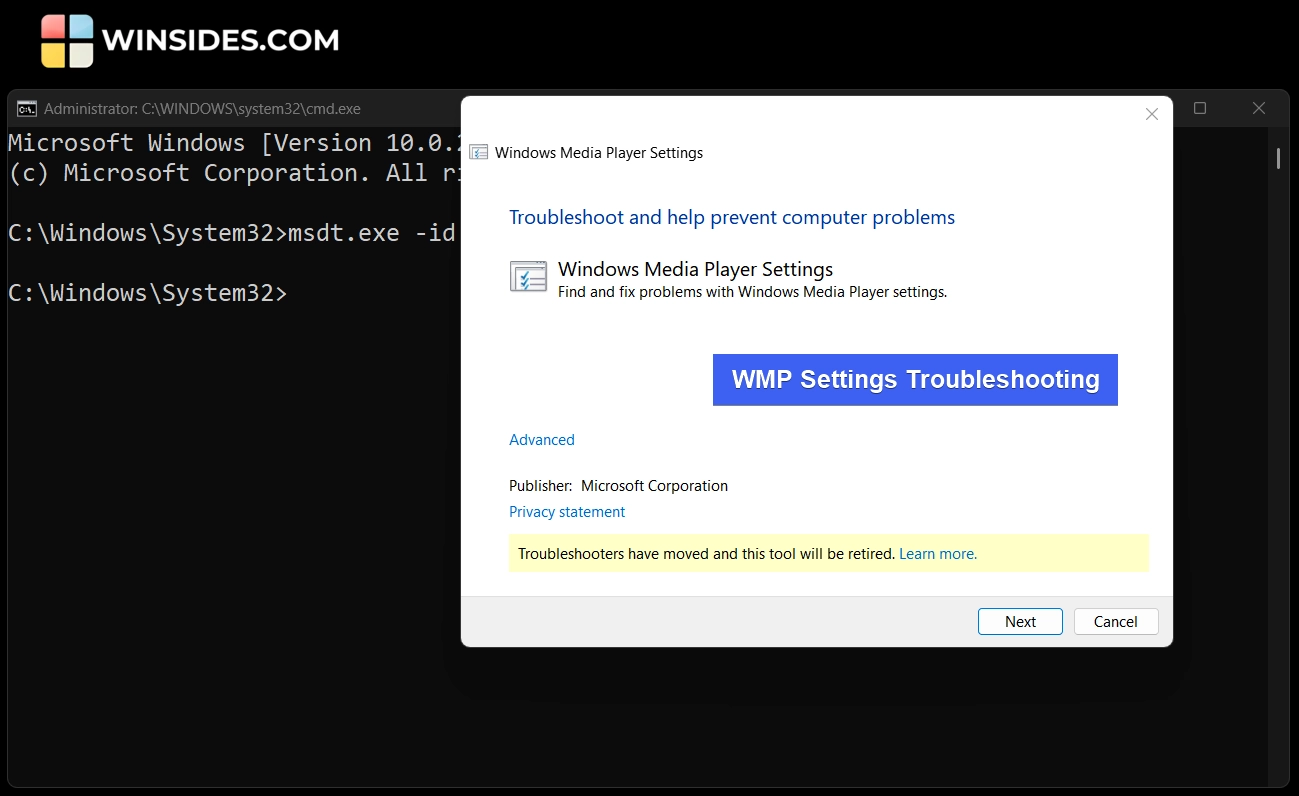 WMP Settings Troubleshooting on Windows 11 using MSDT