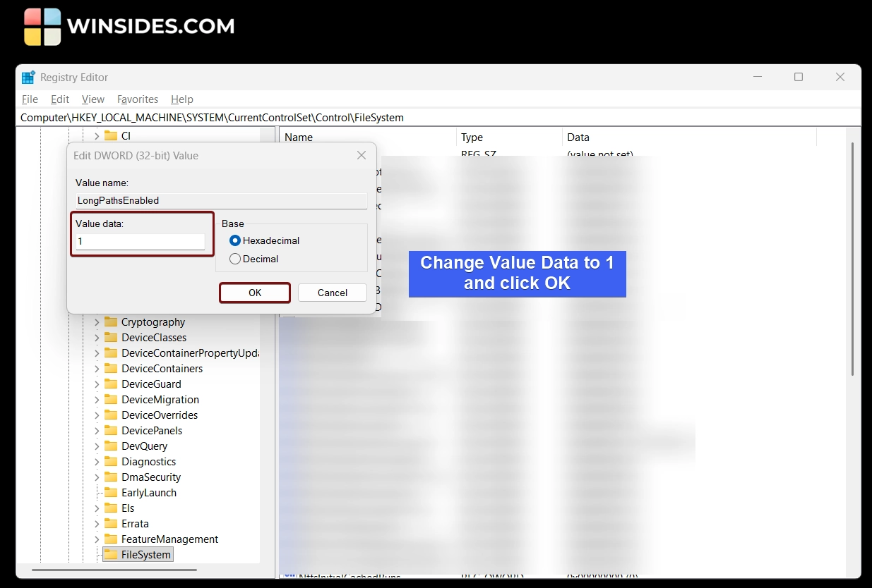 Change Value Data to 1 and click OK