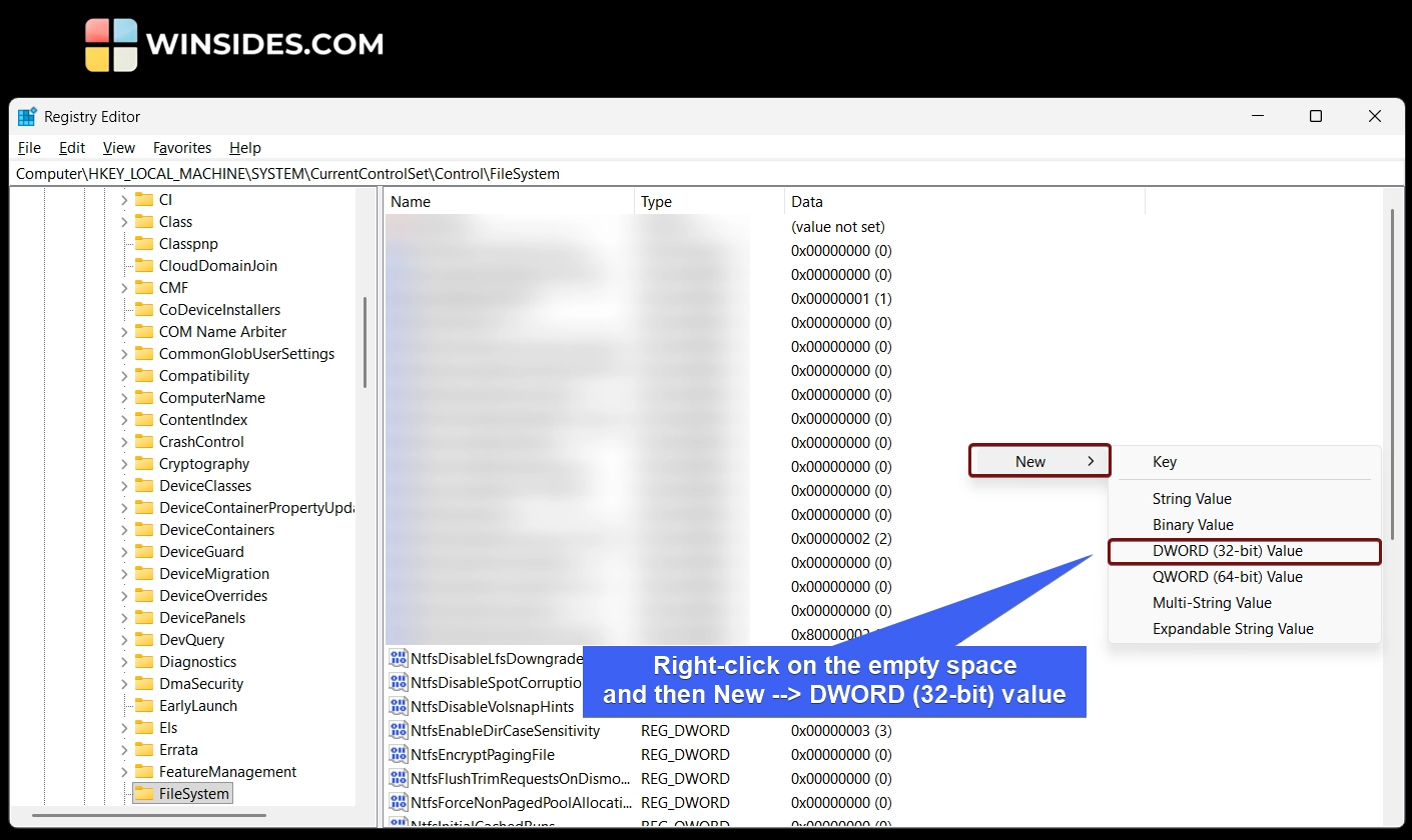 Create a new DWORD 32-bit Value