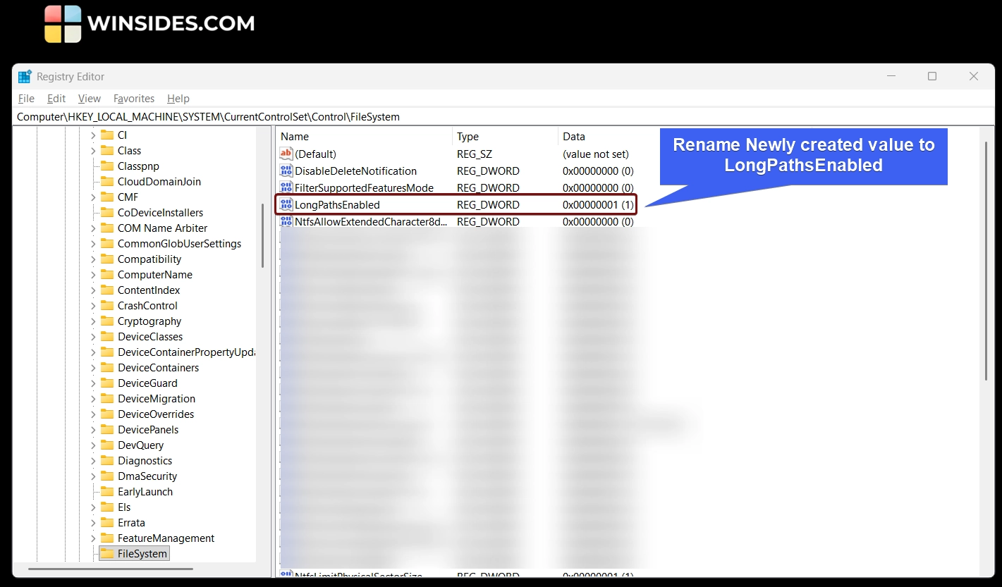 Rename newly created value to LongPathsEnabled