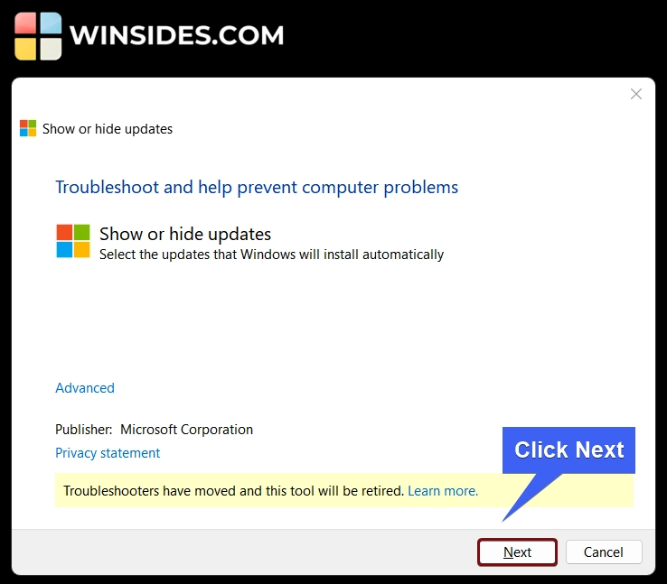Run wushowhide.diagcab Run wushowhide.diagcab