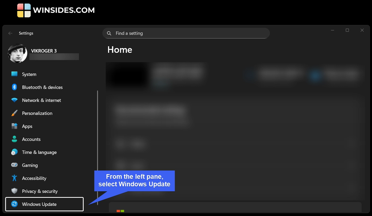 Select Windows Update Select Windows Update