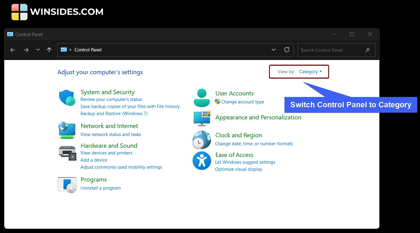 Switch Control Panel View to Category Switch Control Panel View to Category