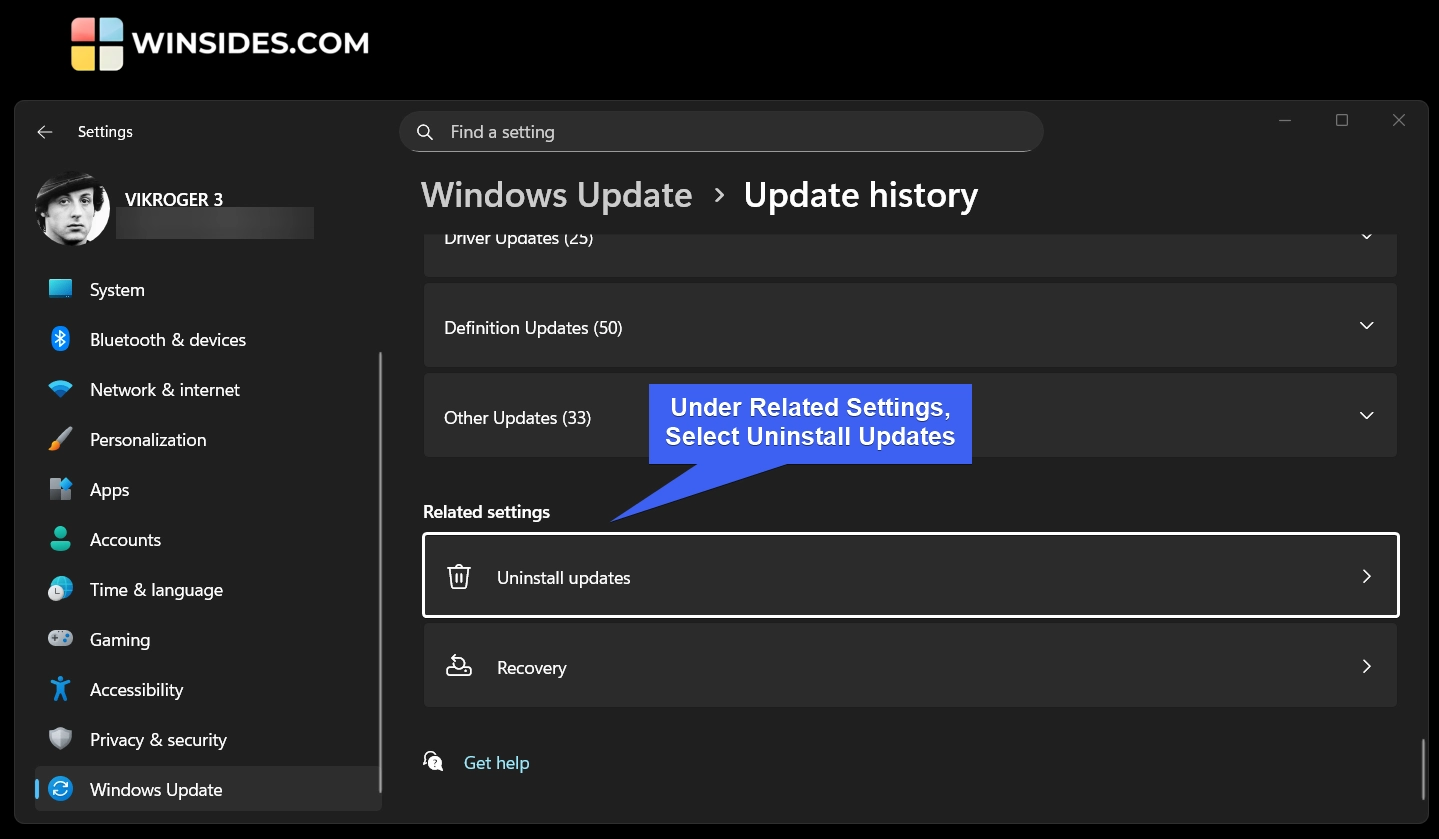 Under Related Settings, Select Uninstall Updates on Windows 11 Under Related Settings, Select Uninstall Updates on Windows 11