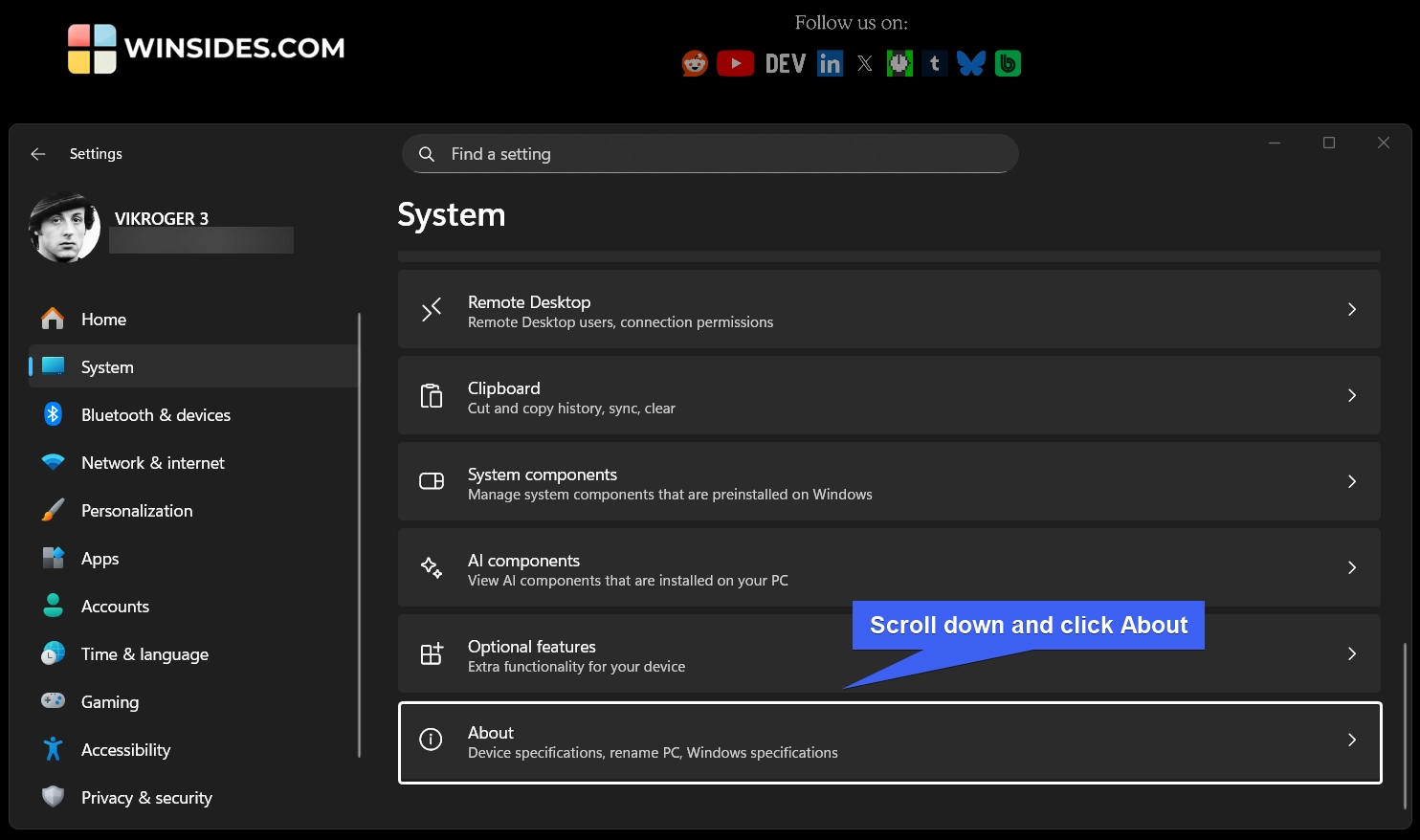 Click on About of System Settings