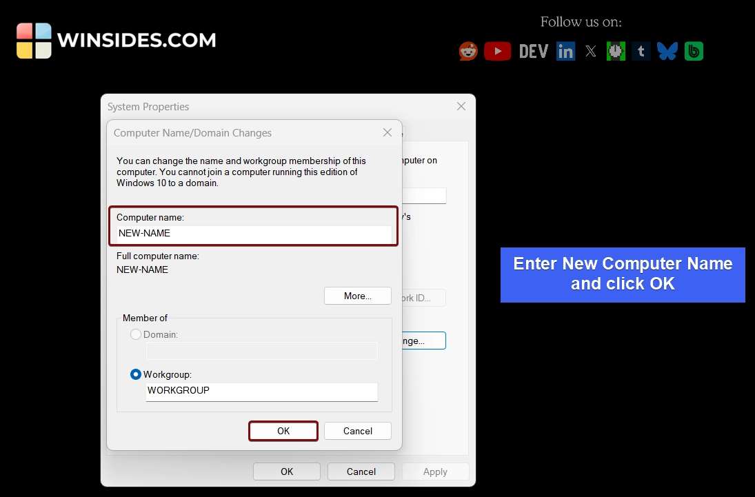 Enter New Computer Name and click OK