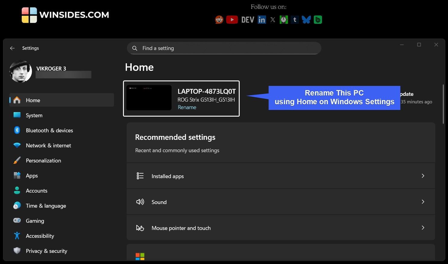 Rename PC using Home Settings