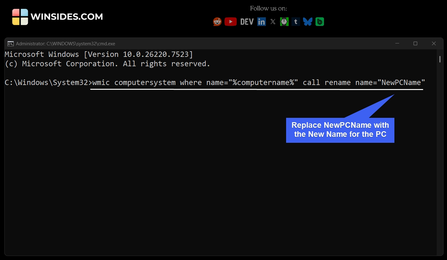 Rename This PC on Windows 11 using Command Prompt