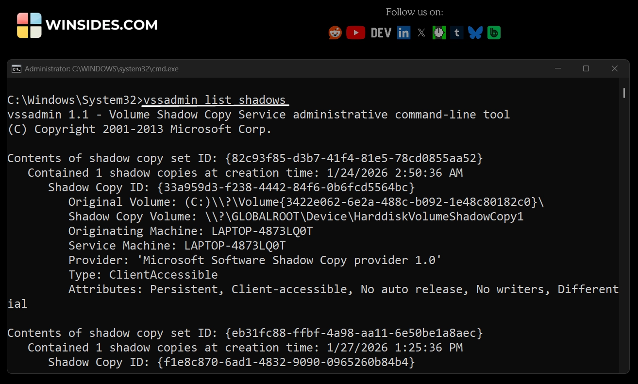 List All Shadow Copies List All Shadow Copies