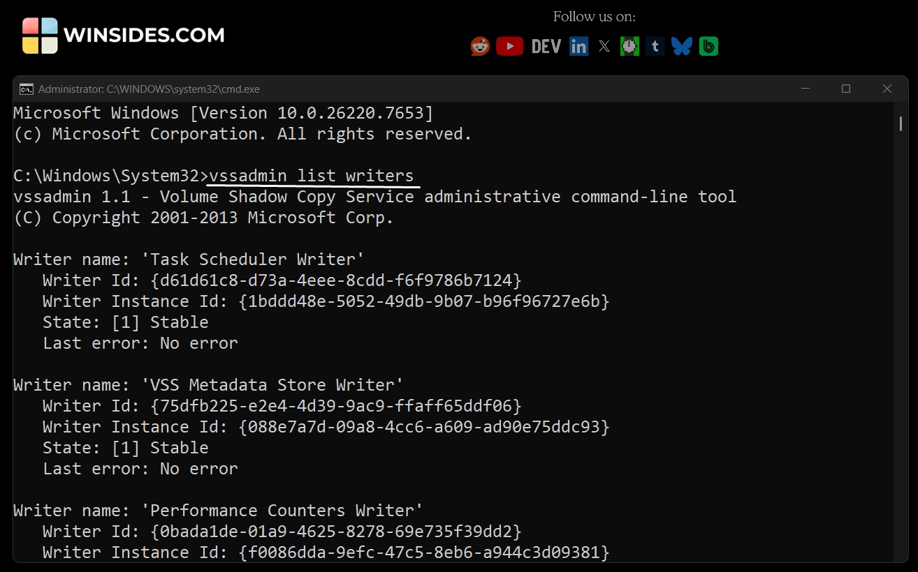 List VSS Writers List VSS Writers