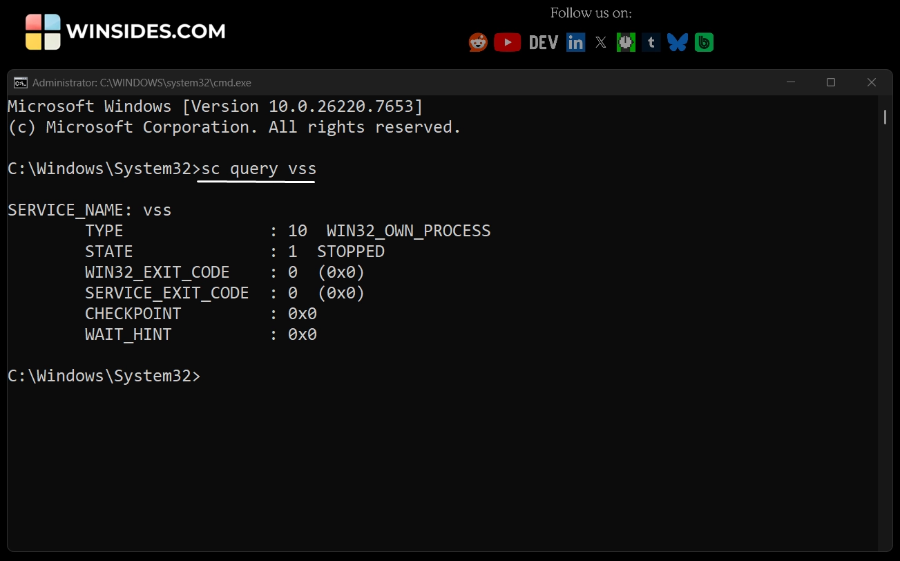 VSS Service Status VSS Service Status