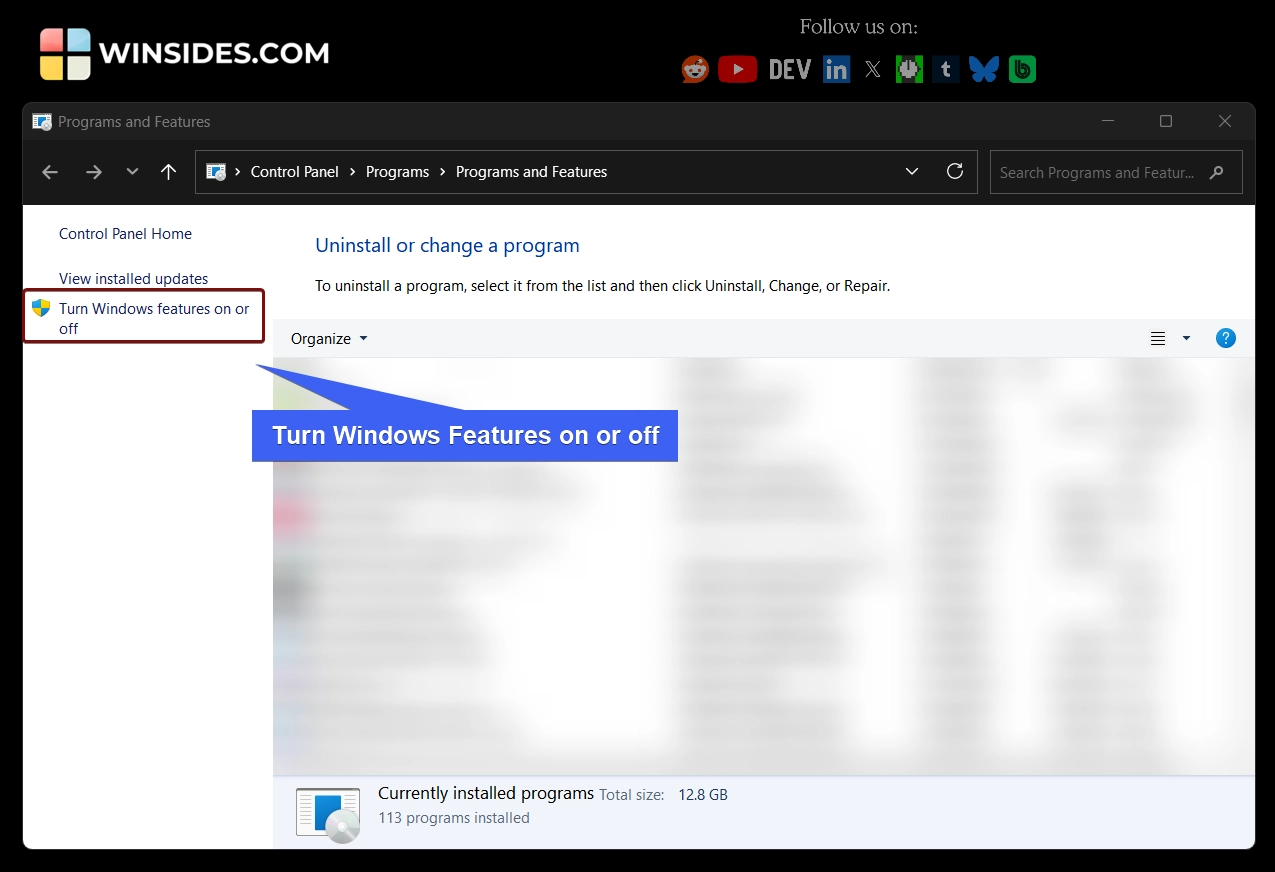 Turn Windows Features on of off Turn Windows Features on of off