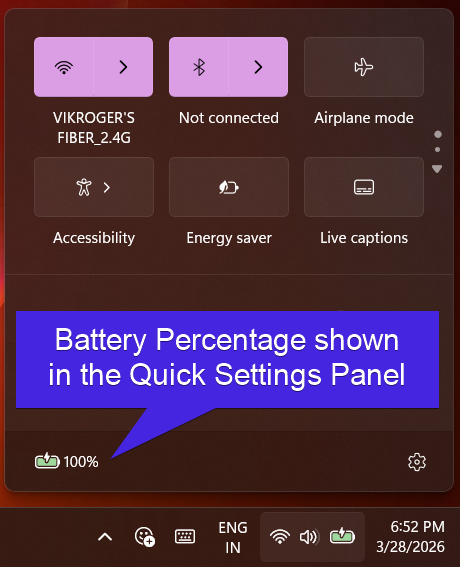 Battery Percentage shown in the Quick Settings Panel Battery Percentage shown in the Quick Settings Panel