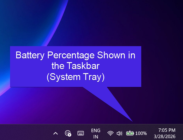 Battery Percentage shown in the taskbar Battery Percentage shown in the taskbar