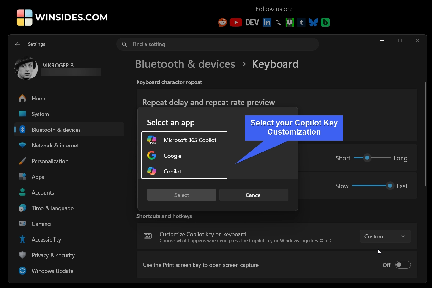 Choose your Custom option for Copilot Key