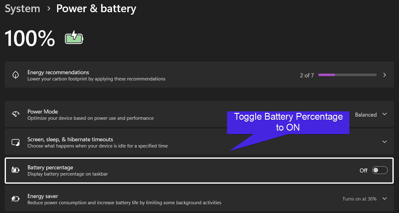 Toggle Battery Percentage to ON Toggle Battery Percentage to ON