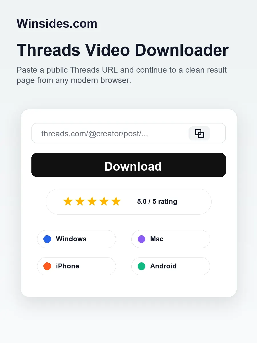 Winsides Threads video downloader form working in a browser on desktop and mobile