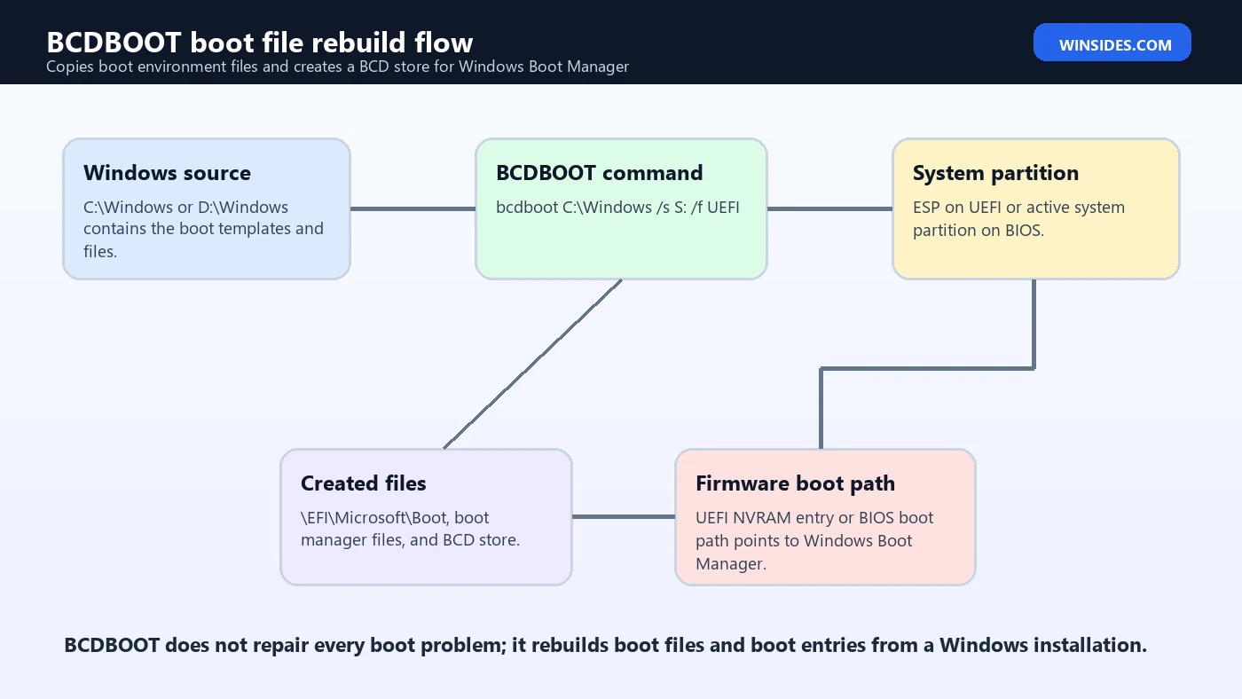 BCDBOOT Windows boot file rebuild flow