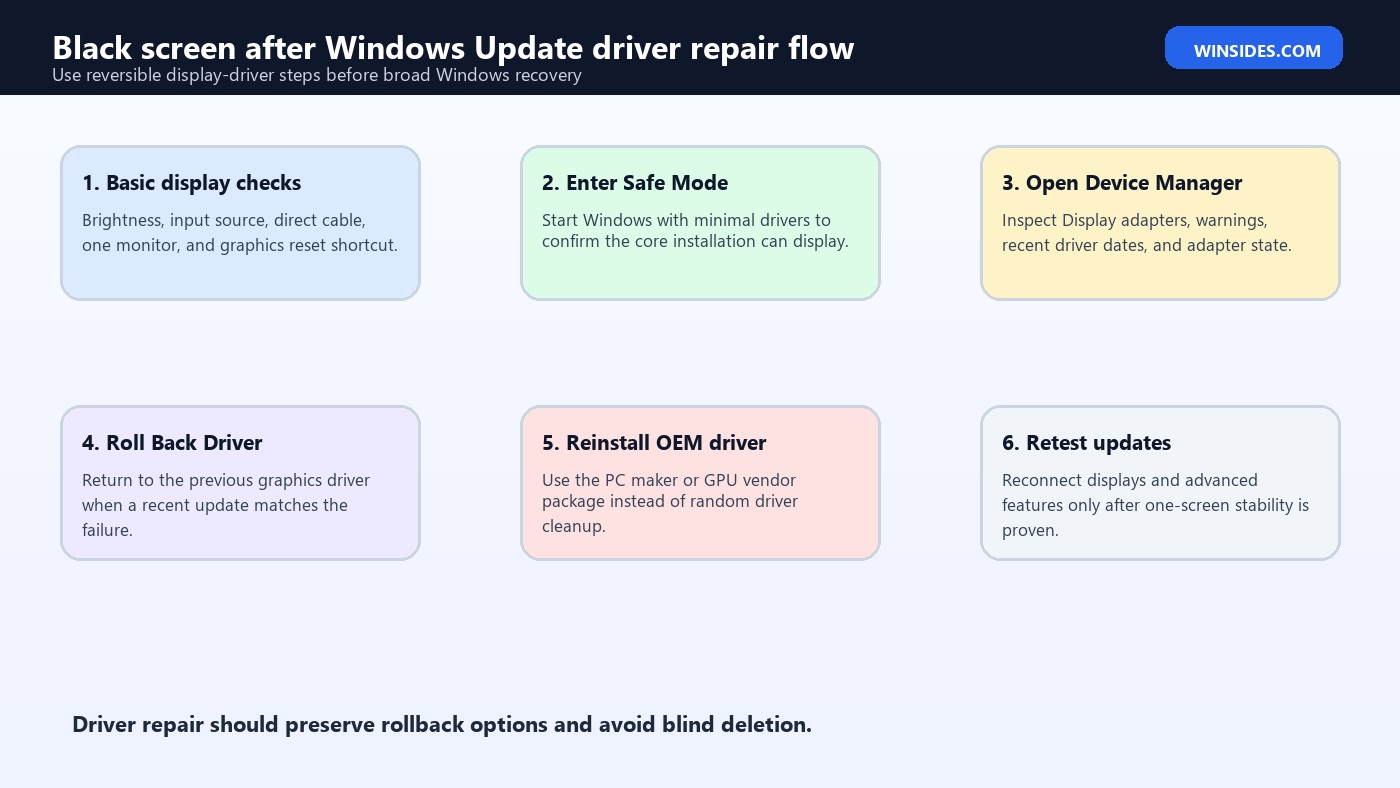 Black screen after Windows Update driver repair flow