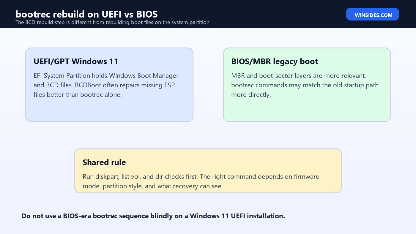 bootrec rebuild UEFI vs BIOS comparison
