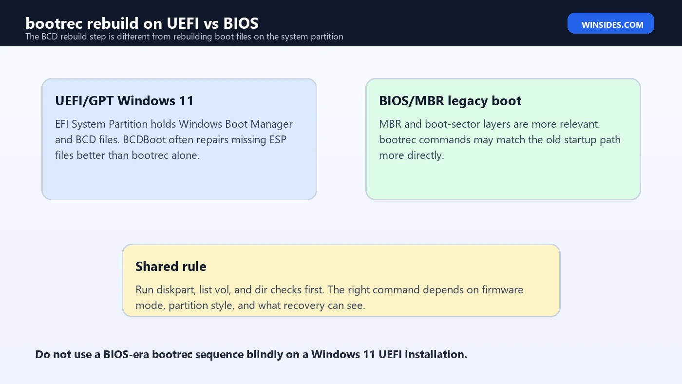 bootrec rebuild UEFI vs BIOS comparison