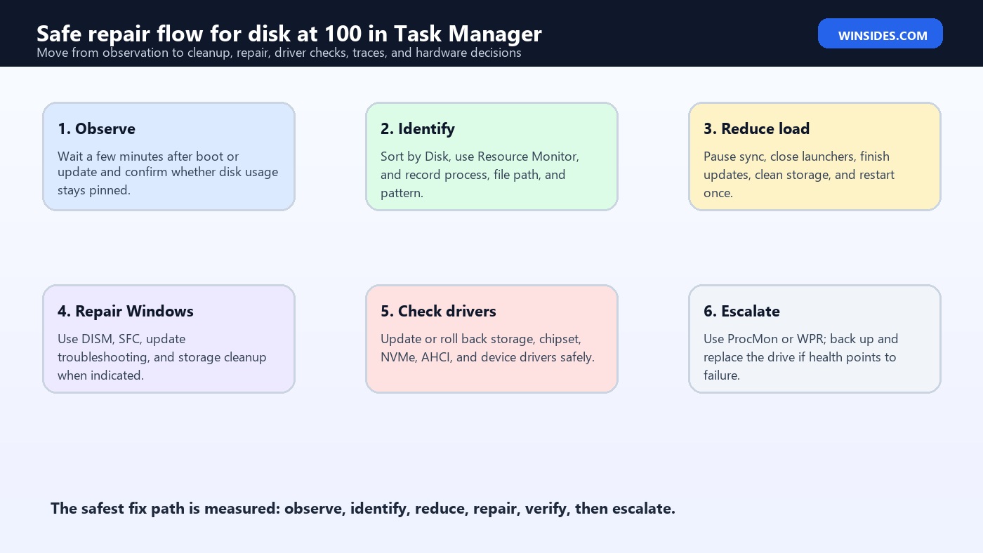disk at 100 in Task Manager safe repair flow