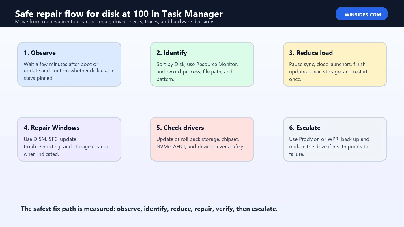 disk at 100 in Task Manager safe repair flow