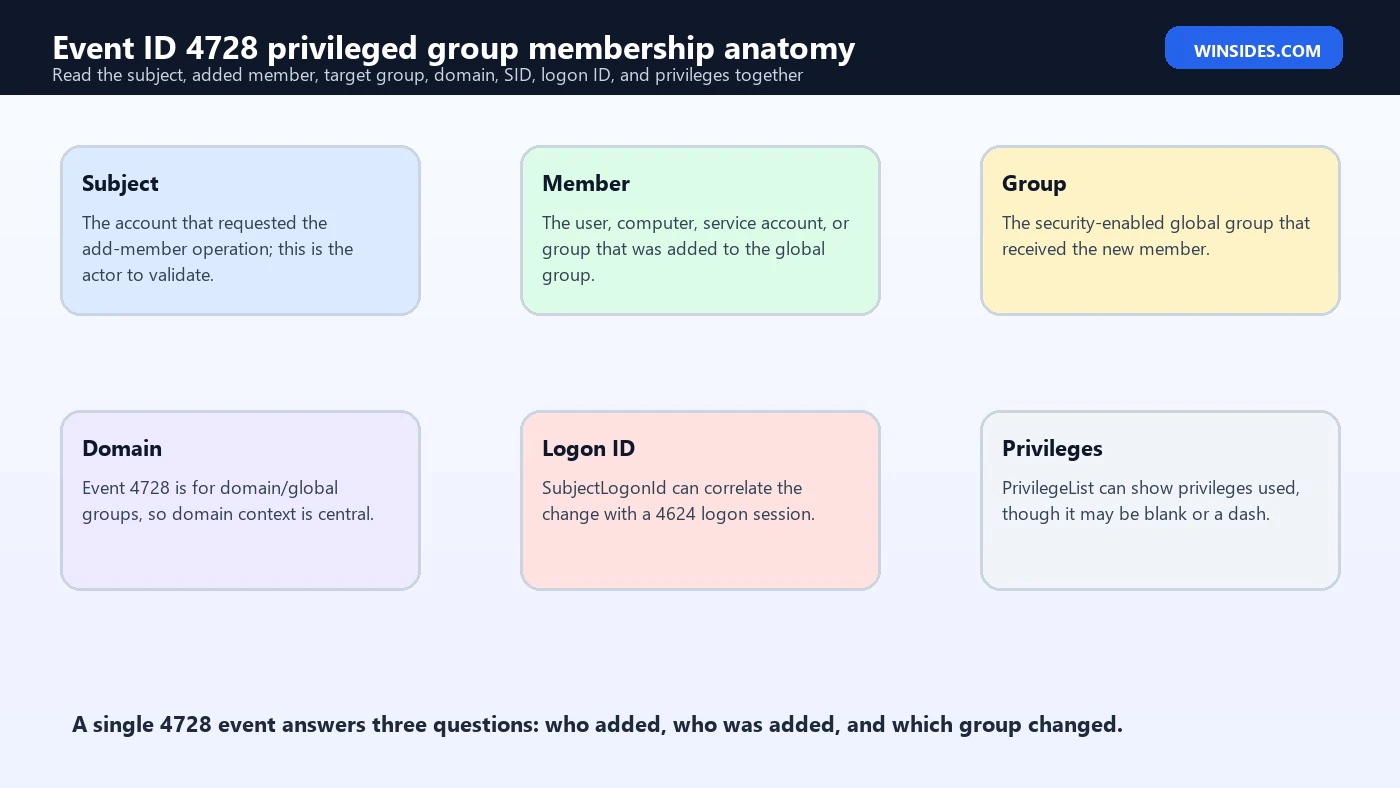 Event ID 4728 Privileged Group Membership anatomy
