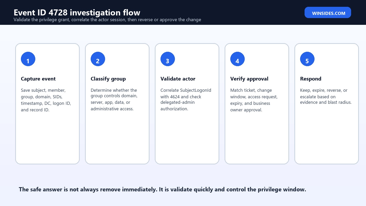Event ID 4728 Privileged Group Membership investigation flow