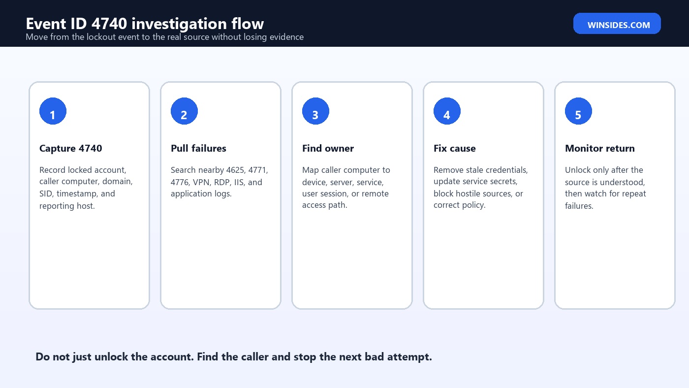 Event ID 4740 Account Lockout investigation flow