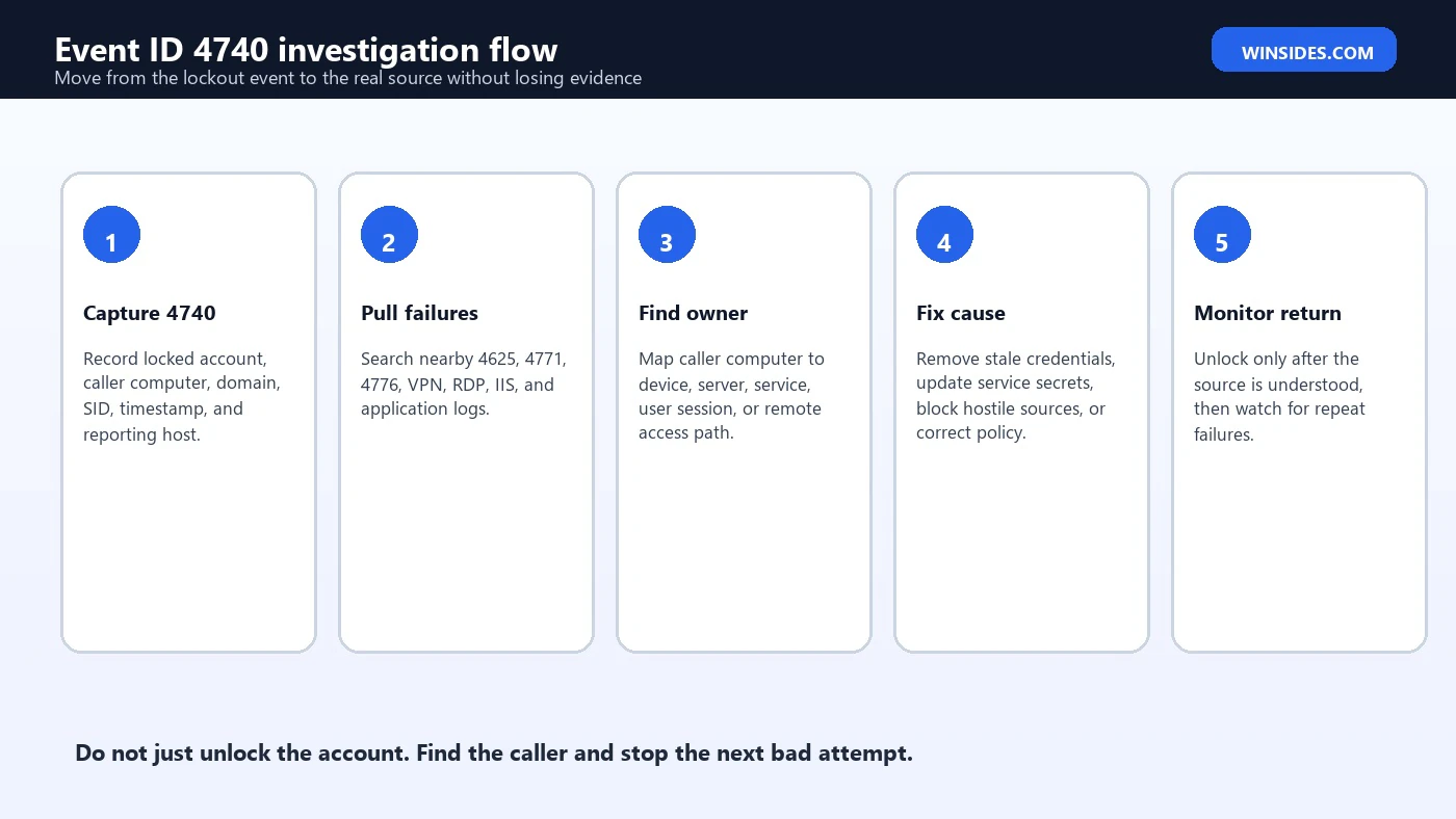Event ID 4740 Account Lockout investigation flow